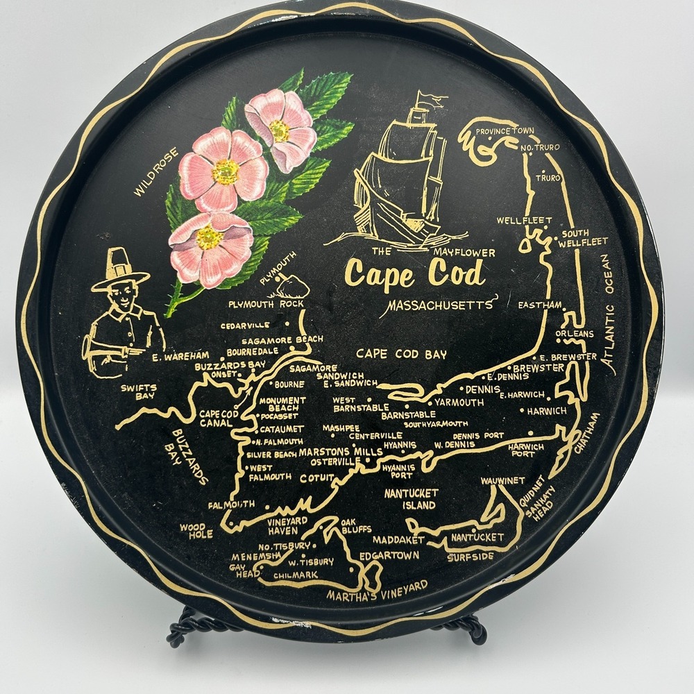 Vintage 60s Cape Cod Massachusetts Tin Metal Serving Tray Souvenir Map 11" State